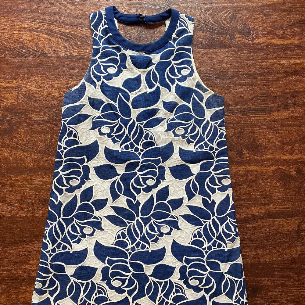Blue and white 60's style halter dress with floral pattern
